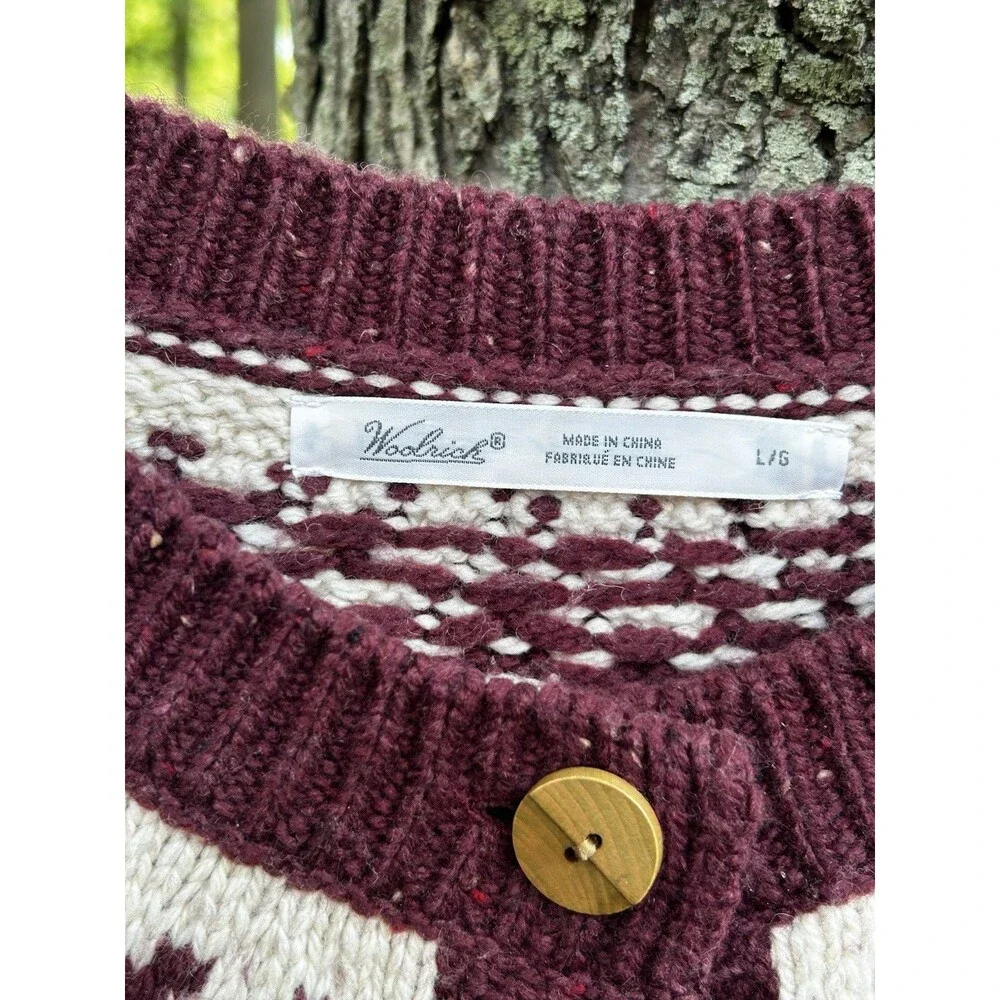 Woolrich Cardigan Sweater Size Large Fair Isle Nordic Wool Blend Maroon Snow